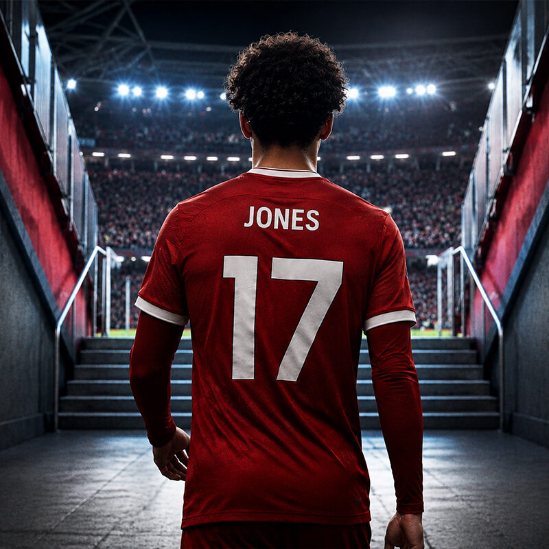 Curtis Jones di spalle mentre entra in uno stadio illuminato, immagine sportiva iperrealistica che rappresenta il centrocampista inglese seguito dall’Inter.