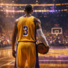 Giocatore di basket di spalle in stile realistico iperrealistico con maglia gialloviola sul parquet NBA, immagine ispirata alla mancata trade Chris Paul ai Lakers.