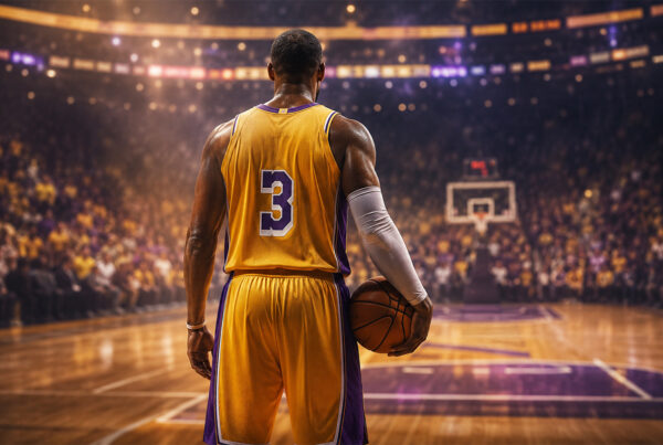 Giocatore di basket di spalle in stile realistico iperrealistico con maglia gialloviola sul parquet NBA, immagine ispirata alla mancata trade Chris Paul ai Lakers.