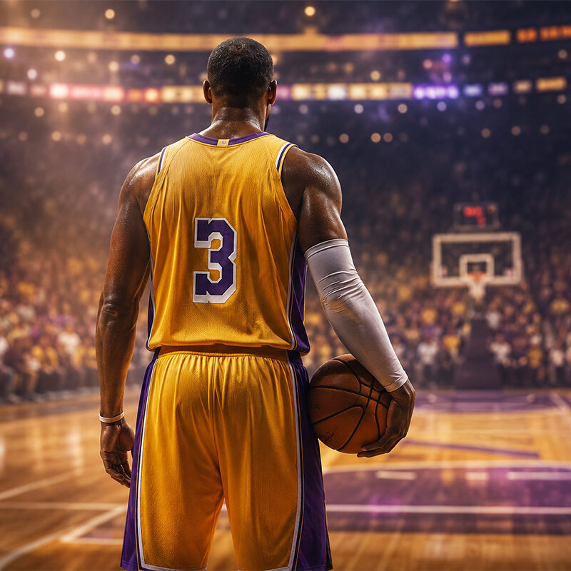 Giocatore di basket di spalle in stile realistico iperrealistico con maglia gialloviola sul parquet NBA, immagine ispirata alla mancata trade Chris Paul ai Lakers.