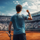 Federico Cinà celebra una vittoria su un campo in terra rossa durante un torneo Slam, immagine sportiva iperrealistica con tennista di spalle in uno stadio gremito.
