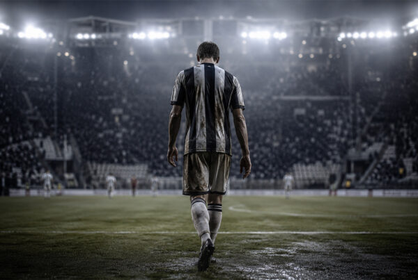 Flop Juve rappresentato da un calciatore bianconero di spalle in uno stadio illuminato durante una stagione difficile