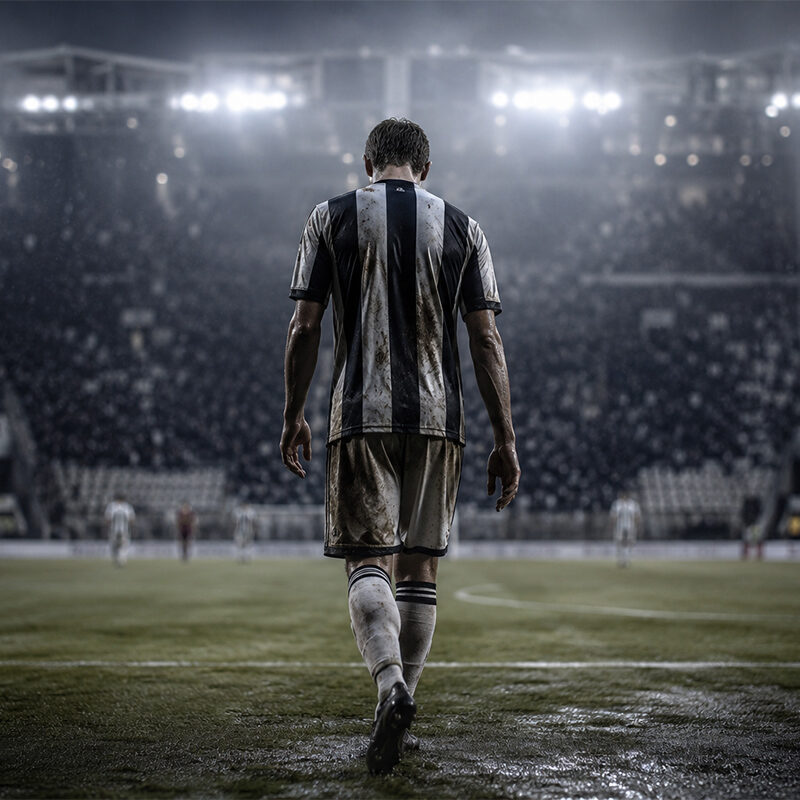 Flop Juve rappresentato da un calciatore bianconero di spalle in uno stadio illuminato durante una stagione difficile