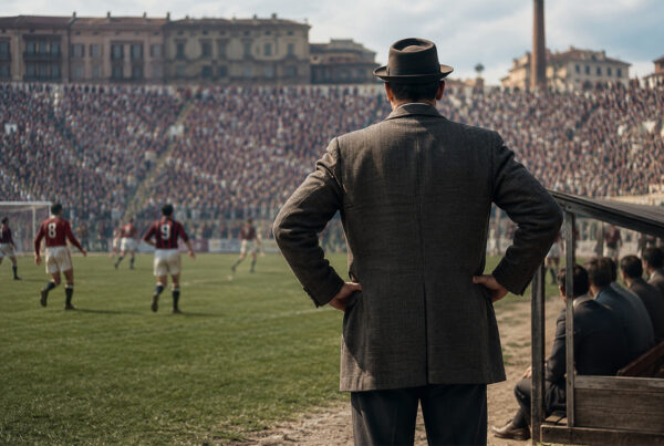 Gipo Viani osserva di spalle una partita della Salernitana contro il Milan in uno stadio gremito nel calcio italiano degli anni Quaranta