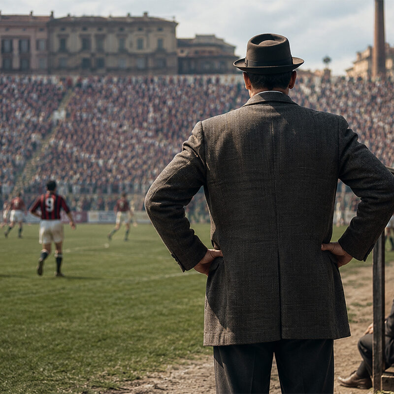 Gipo Viani osserva di spalle una partita della Salernitana contro il Milan in uno stadio gremito nel calcio italiano degli anni Quaranta