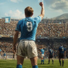 Jeppson di spalle durante Napoli-Atalanta del 1953 mentre esulta davanti ai tifosi del Napoli dopo uno dei quattro gol storici segnati allo stadio Vomero.