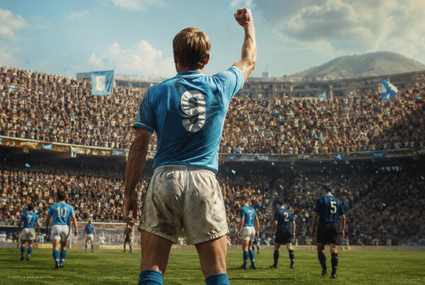 Jeppson di spalle durante Napoli-Atalanta del 1953 mentre esulta davanti ai tifosi del Napoli dopo uno dei quattro gol storici segnati allo stadio Vomero.