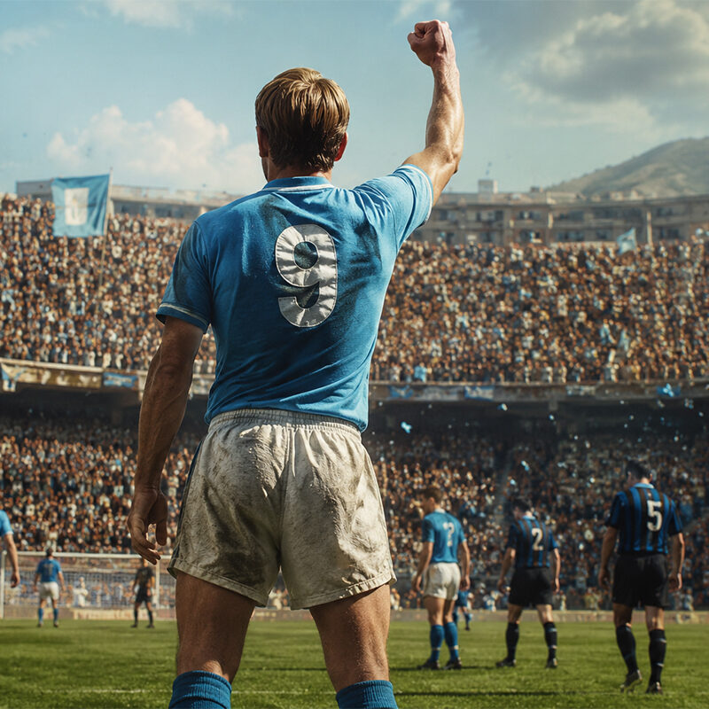 Jeppson di spalle durante Napoli-Atalanta del 1953 mentre esulta davanti ai tifosi del Napoli dopo uno dei quattro gol storici segnati allo stadio Vomero.