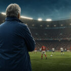 Kazimierz Gorski osserva la partita di calcio dalla panchina in uno stadio illuminato, immagine sportiva realistica