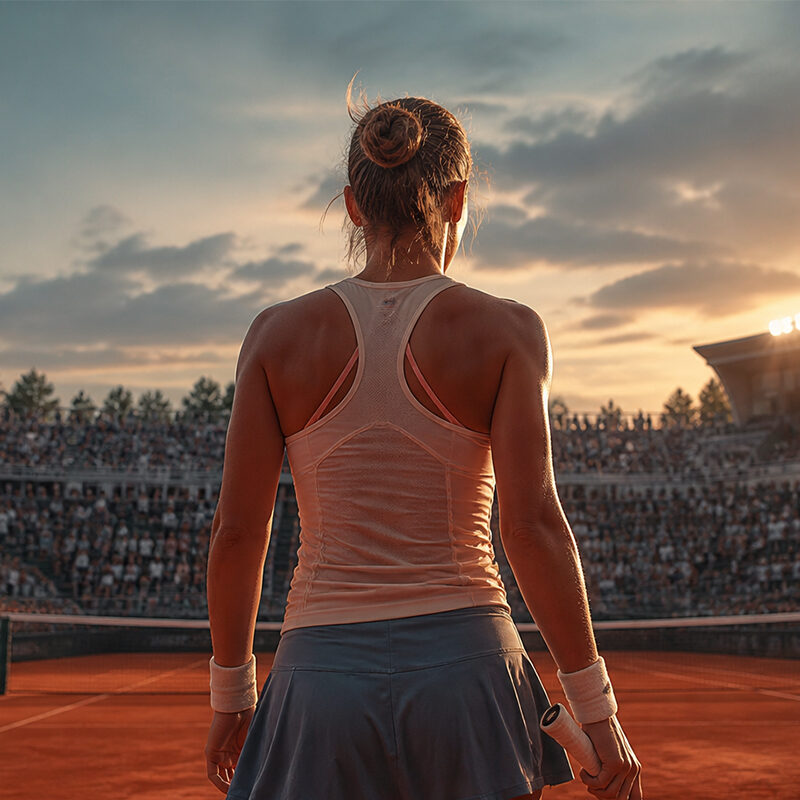 Kostyuk di spalle su campo da tennis in terra rossa durante una partita in uno stadio gremito