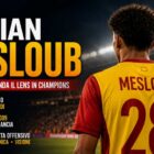 Mezian Mesloub di spalle in uno stadio illuminato durante una grafica sportiva dedicata al giovane talento del Lens e al gol all’esordio in Ligue 1.