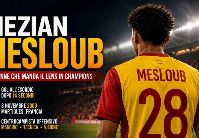 Mezian Mesloub di spalle in uno stadio illuminato durante una grafica sportiva dedicata al giovane talento del Lens e al gol all’esordio in Ligue 1.