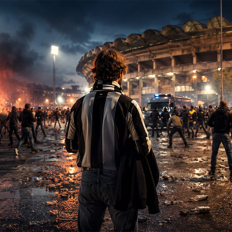 Nazzareno Filippini osserva di spalle gli scontri fuori dallo stadio durante Ascoli-Inter del 1988 in una scena iperrealistica e cinematografica.