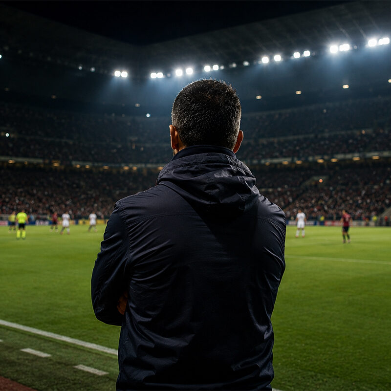Pisacane di spalle osserva il campo durante una partita del Cagliari in uno stadio illuminato, immagine sportiva iperrealistica.