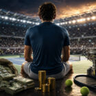 Tennista di spalle in uno stadio illuminato con trofeo e denaro, immagine simbolica sui premi Slam nel tennis professionistico