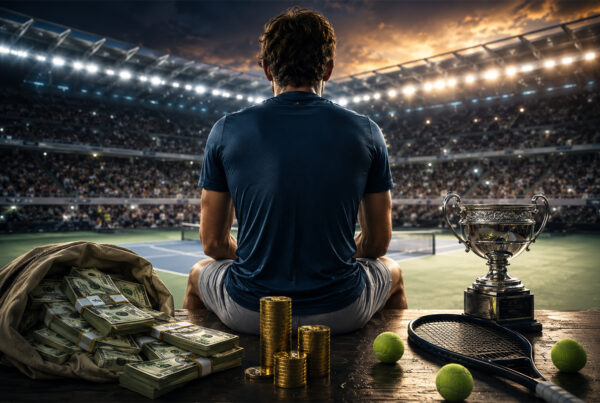 Tennista di spalle in uno stadio illuminato con trofeo e denaro, immagine simbolica sui premi Slam nel tennis professionistico