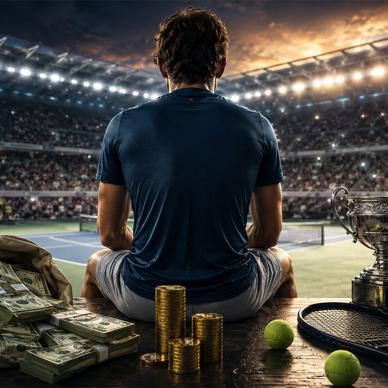Tennista di spalle in uno stadio illuminato con trofeo e denaro, immagine simbolica sui premi Slam nel tennis professionistico