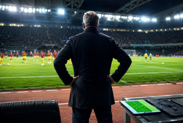 Queiroz osserva il campo da calcio durante una partita internazionale in uno stadio illuminato