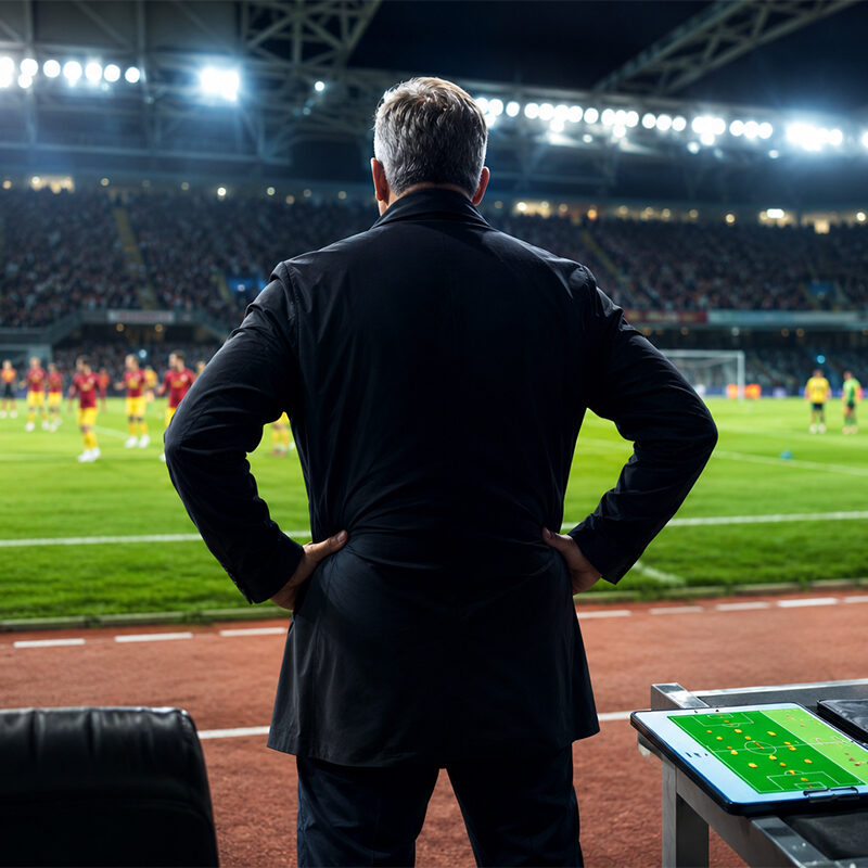 Queiroz osserva il campo da calcio durante una partita internazionale in uno stadio illuminato