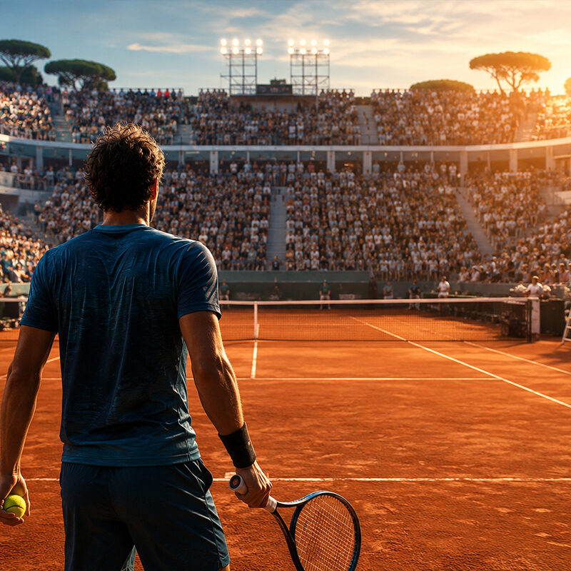Ricavi Internazionali Roma con tennista di spalle sul campo centrale del Foro Italico durante un match serale