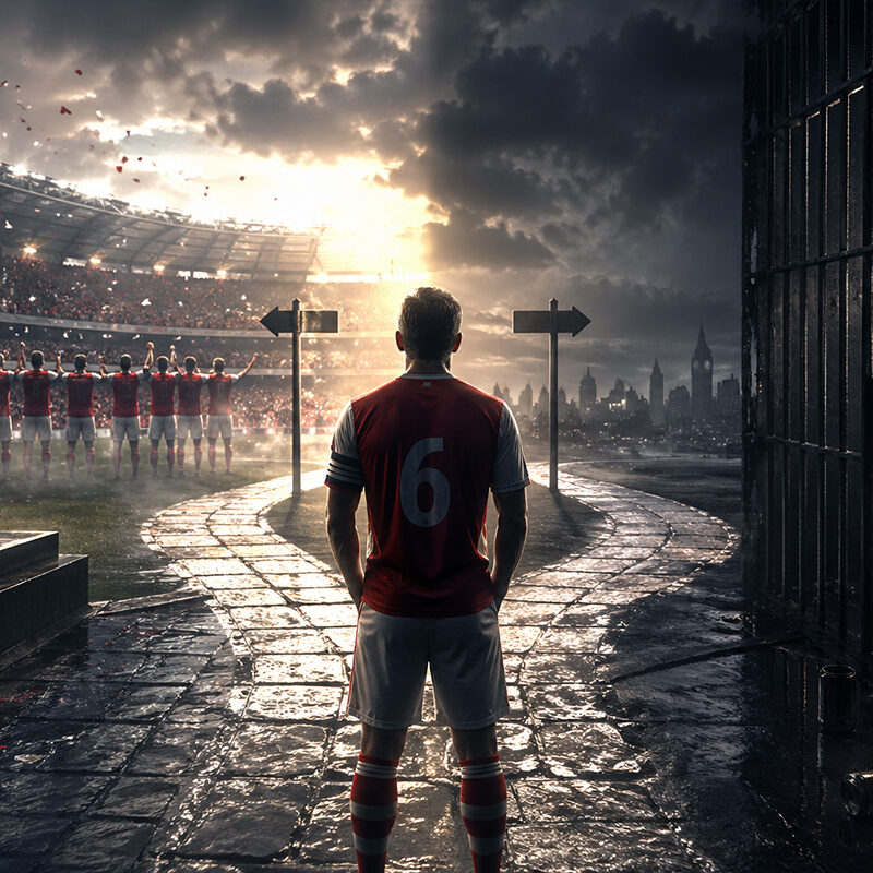 Tony Adams storia illustrata con calciatore di spalle tra stadio e prigione simbolo di caduta e rinascita