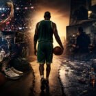 Vin Baker di spalle in un’illustrazione iperrealistica che rappresenta la caduta e la rinascita dell’ex stella NBA tra successo, dipendenze e ritorno alla vita