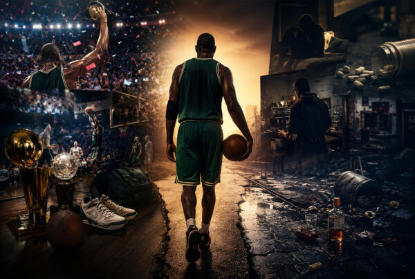 Vin Baker di spalle in un’illustrazione iperrealistica che rappresenta la caduta e la rinascita dell’ex stella NBA tra successo, dipendenze e ritorno alla vita