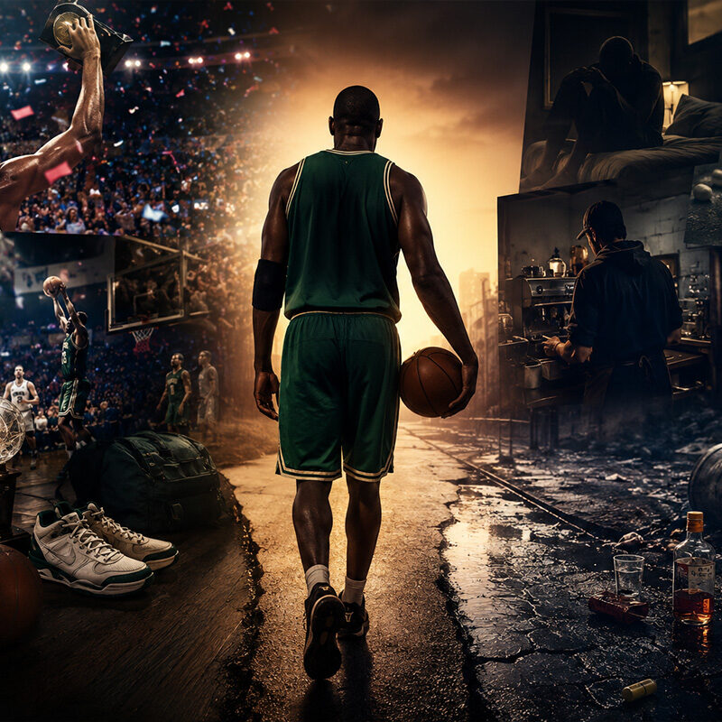 Vin Baker di spalle in un’illustrazione iperrealistica che rappresenta la caduta e la rinascita dell’ex stella NBA tra successo, dipendenze e ritorno alla vita