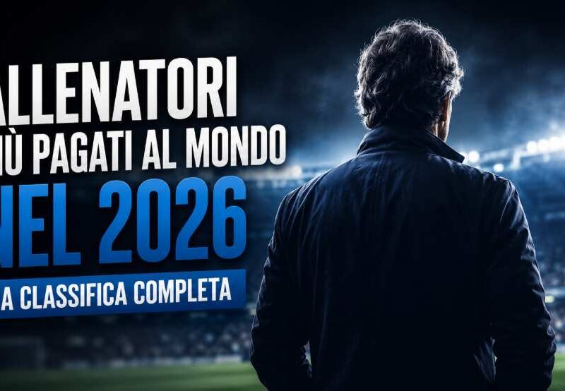 Allenatore più pagato 2026: allenatore di spalle in uno stadio illuminato con grafica sportiva moderna