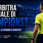 Arbitro di spalle in uno stadio illuminato durante la finale di Champions League tra PSG e Arsenal con grafica sportiva in stile news.