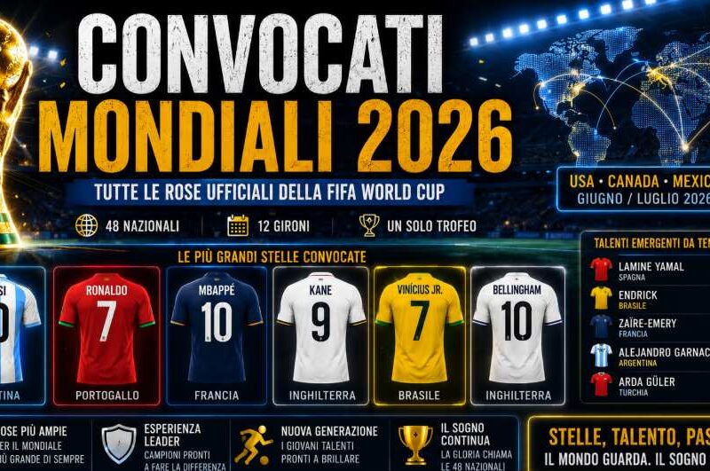 Convocati Mondiali 2026 con grafica sportiva dedicata alle stelle della FIFA World Cup, sagome dei top player internazionali senza volto, stadio illuminato e titolo gigante sui convocati ufficiali del Mondiale 2026.