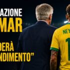 Neymar e Carlo Ancelotti di spalle all’interno di uno stadio illuminato durante una grafica sportiva dedicata alla possibile convocazione del fuoriclasse brasiliano con la Seleçao.