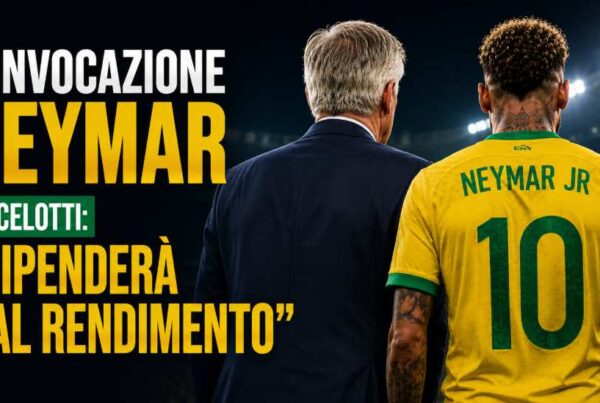 Neymar e Carlo Ancelotti di spalle all’interno di uno stadio illuminato durante una grafica sportiva dedicata alla possibile convocazione del fuoriclasse brasiliano con la Seleçao.