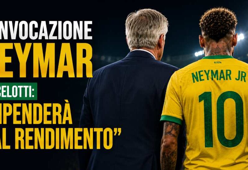 Neymar e Carlo Ancelotti di spalle all’interno di uno stadio illuminato durante una grafica sportiva dedicata alla possibile convocazione del fuoriclasse brasiliano con la Seleçao.