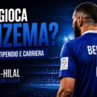 Dove gioca Benzema: attaccante di spalle con maglia blu numero 9 in uno stadio illuminato