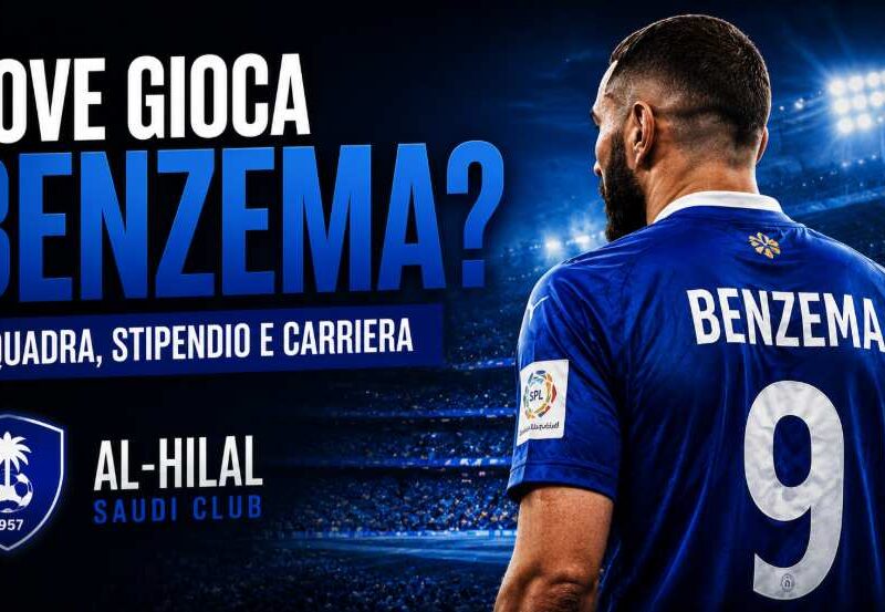 Dove gioca Benzema: attaccante di spalle con maglia blu numero 9 in uno stadio illuminato