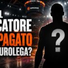 Grafica basket con una sagoma misteriosa di un giocatore con punto interrogativo al centro e titolo “Chi è il giocatore più pagato dell’Eurolega?” all’interno di un’arena illuminata.