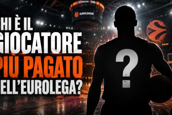 Grafica basket con una sagoma misteriosa di un giocatore con punto interrogativo al centro e titolo “Chi è il giocatore più pagato dell’Eurolega?” all’interno di un’arena illuminata.