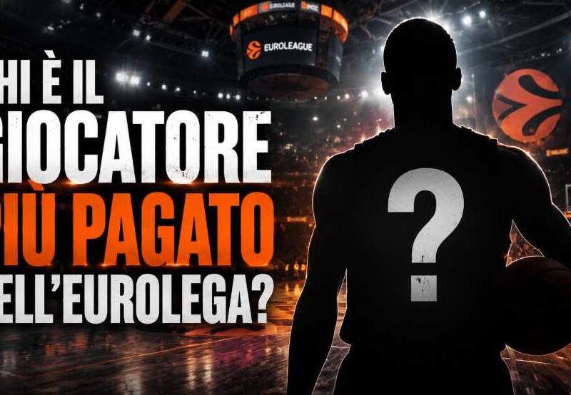 Grafica basket con una sagoma misteriosa di un giocatore con punto interrogativo al centro e titolo “Chi è il giocatore più pagato dell’Eurolega?” all’interno di un’arena illuminata.