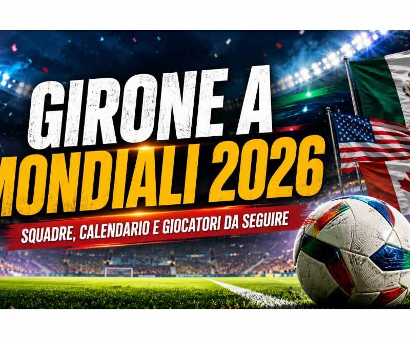 Grafica sportiva dedicata al Girone A dei Mondiali 2026 con il titolo gigante “GIRONE A MONDIALI 2026” in bianco e giallo su sfondo da stadio illuminato, sottotitolo “SQUADRE, CALENDARIO E GIOCATORI DA SEGUIRE”, pallone da calcio moderno in primo piano e bandiere di Messico, Stati Uniti e Canada sul lato destro.