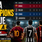 Grafica sportiva dedicata alla lotta Champions League Serie A con quattro calciatori di spalle in uno stadio illuminato, una classifica sfocata sullo sfondo e grandi scritte evidenziate sui posti Champions ancora in bilico tra Roma, Juventus, Milan e Como.