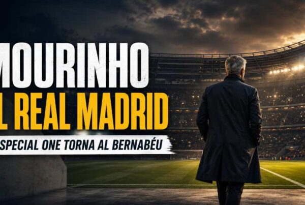 José Mourinho di spalle mentre entra in uno stadio illuminato in una grafica sportiva dedicata al suo possibile ritorno al Real Madrid.