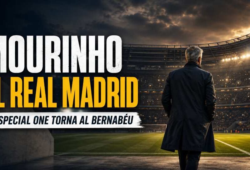 José Mourinho di spalle mentre entra in uno stadio illuminato in una grafica sportiva dedicata al suo possibile ritorno al Real Madrid.