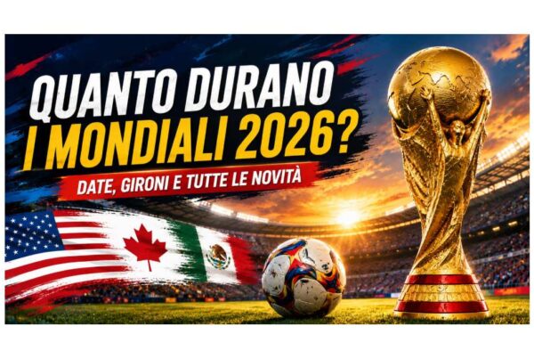 Grafica sportiva sui Mondiali 2026 con il titolo “QUANTO DURANO I MONDIALI 2026?” e il sottotitolo “DATE, GIRONI E TUTTE LE NOVITÀ”, trofeo dorato stilizzato con base rossa, stadio illuminato al tramonto, pallone da calcio moderno e bandiere artistiche di Stati Uniti, Canada e Messico.