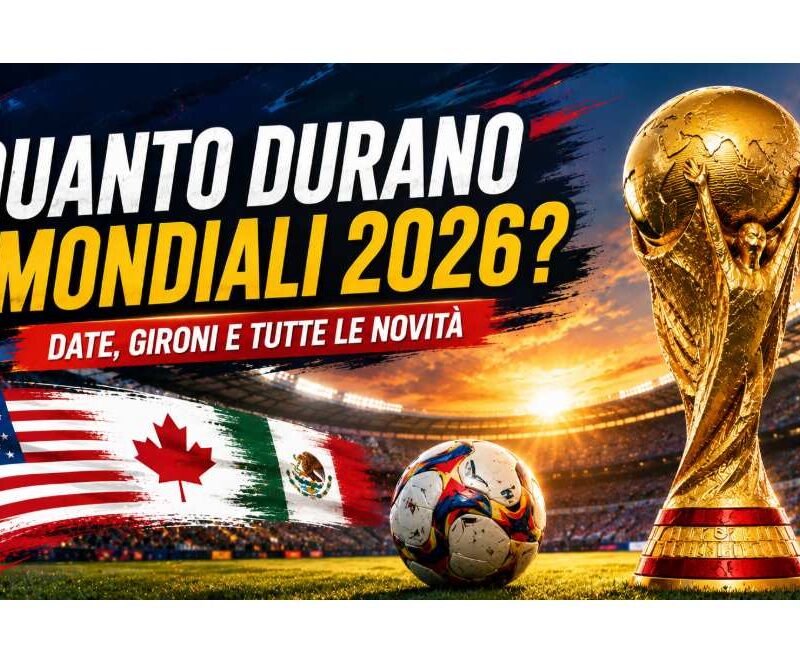Grafica sportiva sui Mondiali 2026 con il titolo “QUANTO DURANO I MONDIALI 2026?” e il sottotitolo “DATE, GIRONI E TUTTE LE NOVITÀ”, trofeo dorato stilizzato con base rossa, stadio illuminato al tramonto, pallone da calcio moderno e bandiere artistiche di Stati Uniti, Canada e Messico.