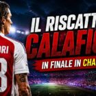 Grafica sportiva che parla di quanto guadagna calafiori all'arsenal dedicata all’articolo “Il riscatto di Calafiori in finale di Champions” con un calciatore ispirato a Riccardo Calafiori ripreso di spalle in maglia rosso-bianca numero 33, all’interno di uno stadio illuminato e gremito di tifosi. In evidenza il grande titolo “IL RISCATTO DI CALAFIORI” e il sottotitolo “IN FINALE IN CHAMPIONS” su sfondo calcistico notturno con riflettori accesi e atmosfera da grande evento europeo.