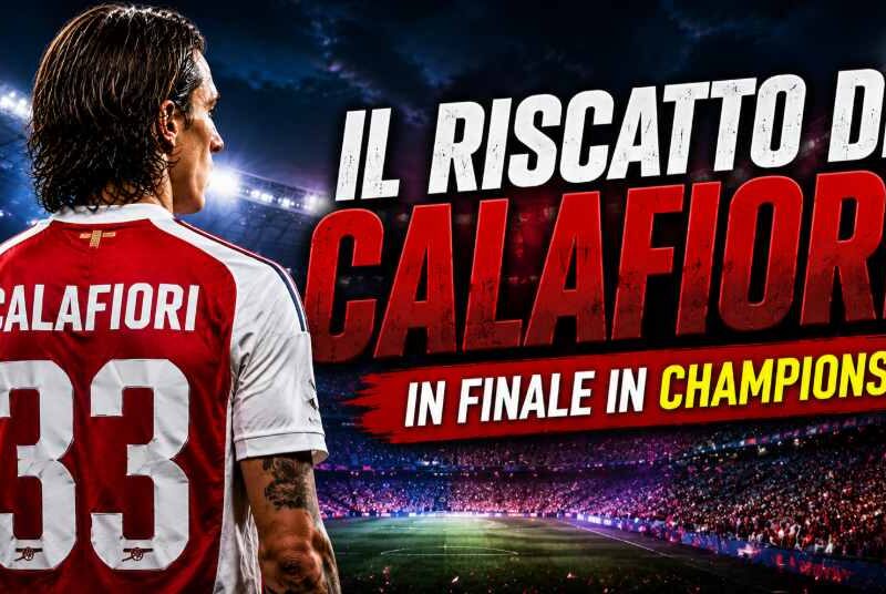 Grafica sportiva che parla di quanto guadagna calafiori all'arsenal dedicata all’articolo “Il riscatto di Calafiori in finale di Champions” con un calciatore ispirato a Riccardo Calafiori ripreso di spalle in maglia rosso-bianca numero 33, all’interno di uno stadio illuminato e gremito di tifosi. In evidenza il grande titolo “IL RISCATTO DI CALAFIORI” e il sottotitolo “IN FINALE IN CHAMPIONS” su sfondo calcistico notturno con riflettori accesi e atmosfera da grande evento europeo.
