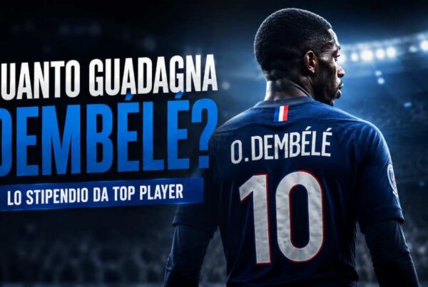 Quanto guadagna Dembélé: calciatore di spalle con maglia numero 10 in uno stadio illuminato