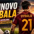 Grafica sportiva 16:9 sul rinnovo di Paulo Dybala con la Roma, con il giocatore di spalle senza logo ufficiale, stadio illuminato al tramonto, frecce del mercato estivo e grande titolo “Rinnovo Dybala”.