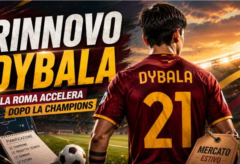 Grafica sportiva 16:9 sul rinnovo di Paulo Dybala con la Roma, con il giocatore di spalle senza logo ufficiale, stadio illuminato al tramonto, frecce del mercato estivo e grande titolo “Rinnovo Dybala”.